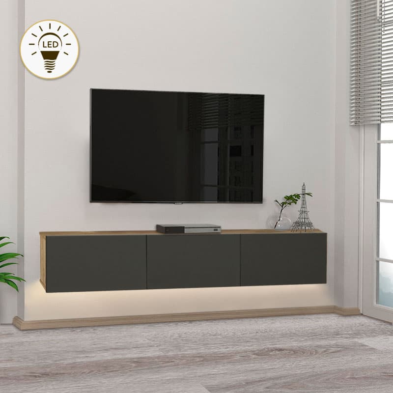 Έπιπλο τηλεόρασης επιτοίχιο Damla Megapap με LED χρώμα sapphire oak - ανθρακί 180x29,5x29,5εκ.
